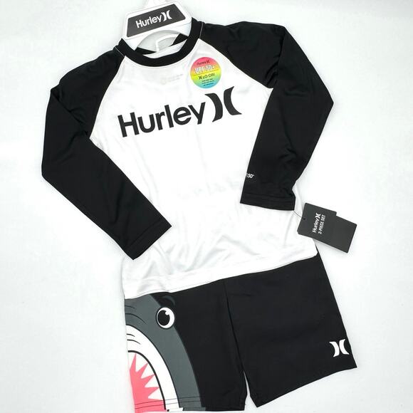 Hurley Boys Size 5 2pc Long Sleeve Rash Guard & Swim Trunks Shark Bite New
